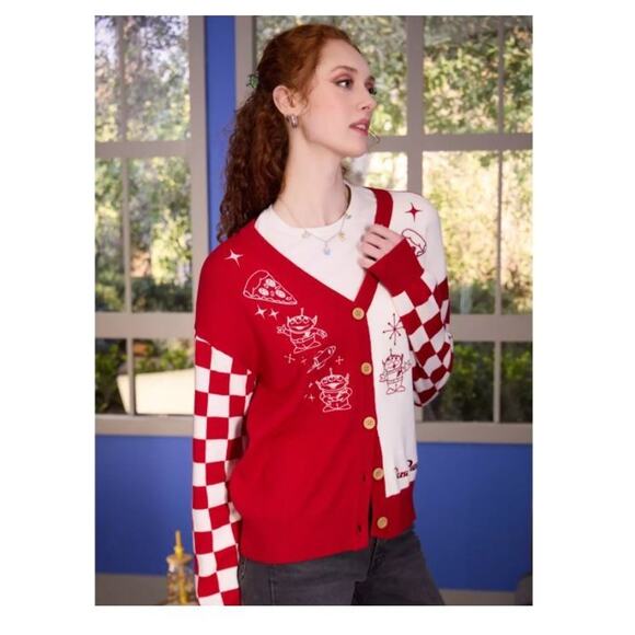 Disney Pixar Toy Story Pizza Planet Womens Checkered Cardigan Sweater Large L - Picture 2 of 4